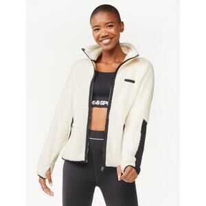 Love & Sports Sherpa Fleece Jacket White Black Zip Up Cozy Pullover Large